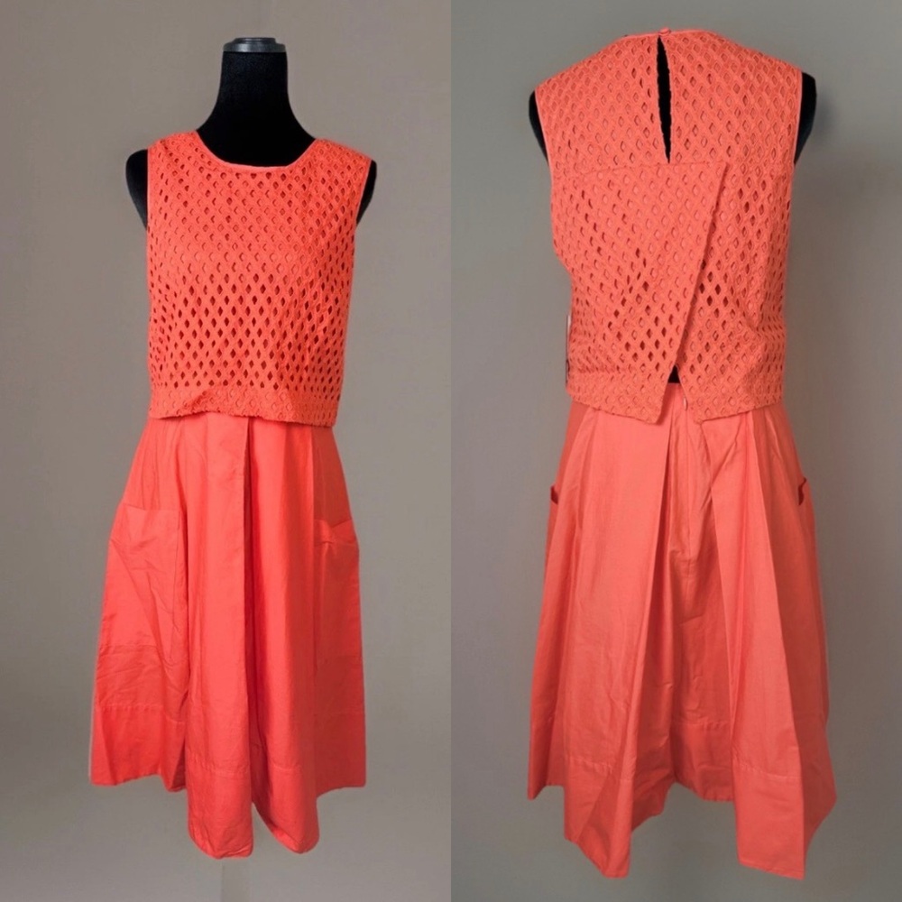 Eliza J red/orange Eyelet Top & Pleated Deep Side Pockets A-line Dress 6 NWT